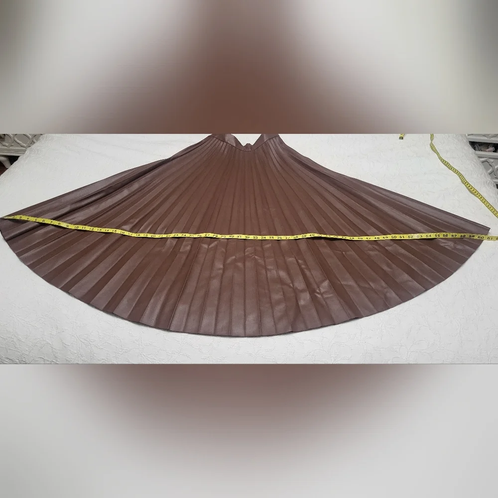 H&M Brown Leather Midi A-Line Pleated Skirt Full Circle - Picture 7 of 15